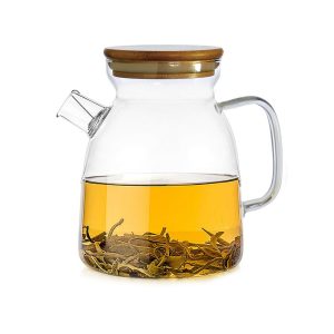 Tetera de vidrio con tapa de madera