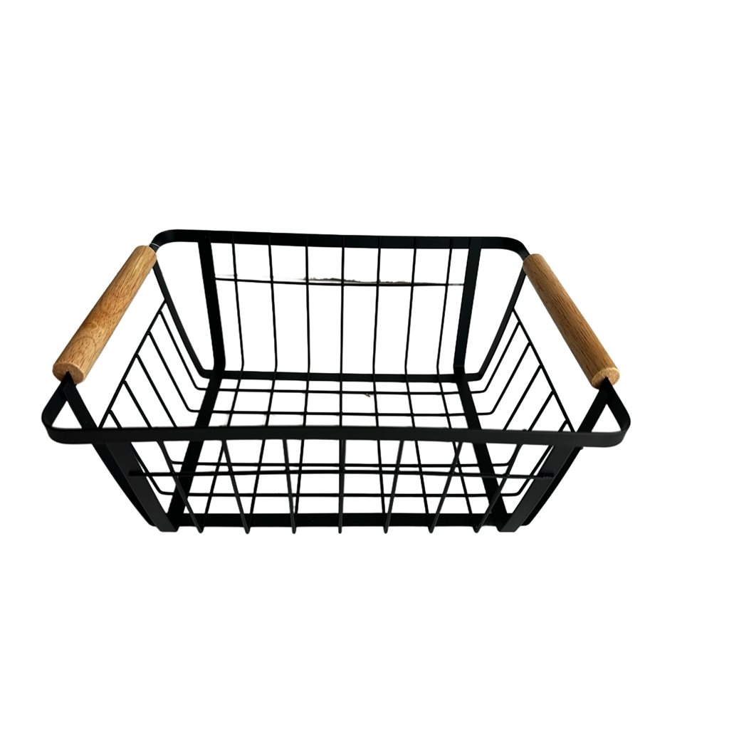 Cesto metal con asa de madera 28.5x21.5x12cm negro 1 Cesto metal con asa de madera 28.5x21.5x12cm negro